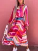 Casual jurken vintage kleurrijk patchwork korte elegante o-neck boog veter-up ploeg boho vrouwen lange mouw losse feest 221007