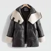 Womens Down Parkas Winter Splicing Solid Hooded Imitation Leather Pu Duck Down Jacket Female Fashion Casual Loose Lamb Hair Lady Outwear 221007