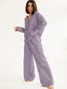 Women's Sleepwear Linad Khaki Pure Cotton V Neck Single Breasted Wide Leg Pants Trouser Suits Drop Sleeves Set Woman 2 Pieces Loungewear 221007