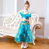Blue Styles Girls Jasmine Cosplay 2 Pieces Clothes Set Lovely Green And Gold Princess Dress Girl Party Stage & Dance Wear