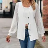 Women's T Shirts Women's Clothing Fashion Autumn/Winter Long Sleeve Solid Loose Buttons Lace Stitching Cardigan Casual Tops