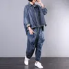 Women's Two Piece Pants Autumn Women Outfits Jean Blouse Tops And Harem Trousers Sets Blue Shirts Denim Female Tracksuits 280S30