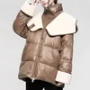 Womens Down Parkas Winter Splicing Solid Hooded Imitation Leather Pu Duck Down Jacket Female Fashion Casual Loose Lamb Hair Lady Outwear 221007