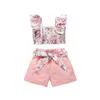 Kläder sätter spädbarns småbarn baby flickor kläder outfit flygande ärm blommig tryck ruched tank tops med shorts set 9m-3t