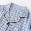 メンズスリープウェア日本の春と秋のメンズコットンラペル長袖ズボンシンプルな格子縞のホームパジャマセットプラスサイズパジャマ221007