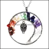 Andra modetillbeh￶r 11 f￤rger kvinnor Rainbow 7 Chakra Tree of Life Quartz Owl Pendant Halsband Mticolor Natural Stone Wisdom 101 DHTUV