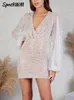 Abiti casual Primavera Sexy Donna Paillettes Mini Moda Scollo a V Lanterna Maniche lunghe Elegante Night Club Party Bodycon 221007