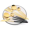 Dijkartikelen sets 16pcs servies set zwart goud bestrooien roestvrijstalen vork mes theelepel diner zilverwerk keuken flatware