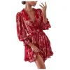 Casual Dresses Women's V-Neck Floral Long Sleeve A-Line Mid Waist Dress Elegant Black Printed Square Collar And Knees