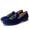 New Style Men Blue Velvet Shoes Embroidery Crown Fashion Party and Banquet Male Dress Shoes Plus Size 39-47 a6