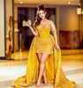 2022 Arabic Aso Ebi Yellow Sheath Prom Dresses Lace Beaded Sexy Evening Formal Party Second Reception Birthday Engagement Gowns Dress WLY935