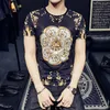 Men's T Shirts Black Stretch Mesh See Through Mens Printed Tshirts For 2022 Summer Gold Luxury Design Baroque Slim Fit Red