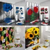 Duschvorhänge, blühende Blumen, wasserdichte Vorhang-Sets mit Teppichen, Badezimmer-Dekor, Badteppich und Matten-Set, Haken, WC-Sitzbezug