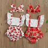 Rompers 2021 Pasgeboren babymeisjes Kleding Romper Hoofdband 2 -delige watermeloen Aardbei Print Backless Ruffles Korte mouw jumpsuits J220922