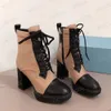 Stivali di placca designer Lace Up Platform Beving Beving Women Nylon Real Leathe Leather Boots High Inverno Boot 7.5cm 9,5 cm con scatola NO256