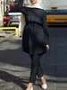 エスニック服ザンゼアファッションカジュアルパーティーセットアバヤカフタン女性イスラムイスラム教徒スーツソリッドカラーラペルチュニックトップドローストリングパンツ221007
