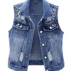 Women's Vests JMPRS Denim Women Vest Luxury Pearls Fashion Ripped Autumn Jeans Jacket Sleeveless Loose Short Coat Causal Waistcoats 5XL 221007