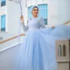 Luxe Perlé Paillettes Top Robes De Bal Une Ligne Tulle Occasion Spéciale Robe Col Haut À Manches Longues Robe De Soirée Arabe Dubaï