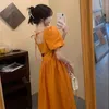 Casual Dresses Fashion Women Summer Dress 2022 Square Neck Puff Sleeves Orange Backless Female Bellflower Fat MM Mid-Length