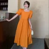 Casual Dresses Fashion Women Summer Dress 2022 Square Neck Puff Sleeves Orange Backless Female Bellflower Fat MM Mid-Length