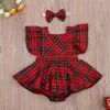 Rompers Kerstmis 2020 Peuter pasgeboren Baby Boy Girls Red Plaid Rompers Ruffles Mouws Jumpsuits Hoofdband Clothing J220922