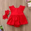 Rompers groothandel zomer pasgeboren babymeisjes rompers hoofdband 2 -stuk solide ruches mouwloze katoenen jumpsuits 024m j220922