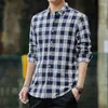 Mäns avslappnade skjortor 2022 Spring Autumn Men Plaid Single Breasted Long Sleeve Slim Fit Blue Korean Chic Fashion Outwear Tops W253