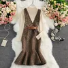 Casual klänningar Eleganta randiga damer Två stycken Stickning Set Women Full Sleeve Turtleneck Tees Skinny Sleeveless Vest Plaid Mermaid