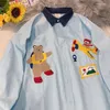 Women's Blouses American Retro Sky Blue Bear Embroidery Shirt Women Cute Cartoon Japanese Fashion 2022 Autumn Long Sleeve Casual