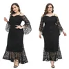 Casual Dresses 95AB Women Maxi Pencil Dress Flare 3/4 Sleeve Cold Shoulder Elegant Lace Overlay Asymmetrical Ruffle Hem Nightclub Party Gown