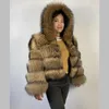 Femmes fourrure fausse BEIZIRU réel raton laveur manteau femmes hiver argent haut à capuche naturel luxe vestes chaud épais faire pour ure 221007