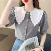 Blouses femininas verão feminino camisa temperamento Estilo francês estética estética de manga curta colarinho de treliça BLUSAS Tops MM0601