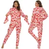 Women's Sleepwear Women's Fleece Pajamas Jumpsuit Love Printed Hooded Jumpsuits Rompers Clubwear Nightwear H Suit
