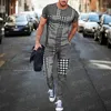 Herrspårar Summer Men's Tracksuit Striped Plaid T-shirt byxor Set 2-stycken Casual Jogging Fashion Streetwear Male Overdimensionerad