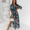 Casual Kleider Frauen Blumendruck Lange Sommer Boho Sexy V-ausschnitt Halbarm Weibliche Vintage Seite Split Big Saum Maxi 221007