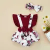 Rompers Baby Girl Romper Fly ärmar Runda hals Ruffle Floral Print Patchwork Toddler Summer Cute Jumpsuit Head Band Outfit J220922