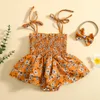 Rompers 2022 Baby Girl Summer Jumpsuit Zonnebloem Print Square Neck Mouwloze ruches Ruffels Rompers Hoofdband Fashion Clothing Set J220922