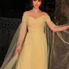 Luxuriöse Ballkleider mit Cape-Ärmeln, Perlen A-Linie, arabisches Dubai-Abendkleid, schulterfrei, Tüll, formelle Robe de Soiree