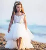 Kız Elbiseler Yüksek Düşük Bej Dantel Çiçek Kızlar Düğün Sheer Beach Boncuklu Kanat Balosu Kutsal İlk Komünyon Elbise Partisi