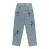 Heren jeans lente herfst herfst denim broek sterren patroon vaste kleur ritssluiting wijd been losse Koreaanse stijl recht