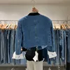 Kvinnor jackor Kvinnor Stylish Short Denim Jackets Autumn Blue Standup Neck Single Breasted White Long Sleeve Cowped Cowboy Coat Female 221007