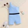 Rompers 16Y Fashion Girls Summer Jumpsuits With Waist Pack Sleeveless One Shoulder Solid Color Ribbed Elastic Playsuits Shorts J220922