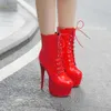 Botas de plataforma feminina sexy 16 cm salto alto inverno tornozelo bota para mulheres couro com cadarço vermelho branco fetiche sapatos feminino tamanho grande 45 j220923