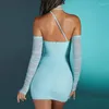 Casual Dresses 2022 Kvinnor Solid Color Summer Dress Sexig Mesh Night Club Halter Mini 2 Colors Drop