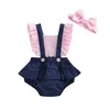 Rompers pasgeboren babymeisjes zomer romper kleine geruit patchwork vliegende mouwen elastische taille korte jumpsuit boog hoofdband J220922