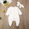 Rompers Solid Color Pasgeboren babyjongens meisjes kleding lange mouw rompers jumpsuit hoofdband babymeisje outfit kleding set J220922