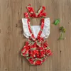 Rompers 2021 Pasgeboren babymeisjes Kleding Romper Hoofdband 2 -delige watermeloen Aardbei Print Backless Ruffles Korte mouw jumpsuits J220922