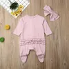 Rompers Solid Color Pasgeboren babyjongens meisjes kleding lange mouw rompers jumpsuit hoofdband babymeisje outfit kleding set J220922