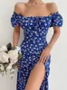 Party Dresses Bohemian Floral Print Long Dress Women Spring Slash Neck Tie-up Bow Maxi Office Summer Backless Split Lady Dressparty