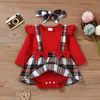 Rompers Newborn Girl Long Sleeve Bodysuit Round Neck Plaid Fake Two Piece Style Patchwork Dress Zoom Jumpsuit med Bow pannband J220922